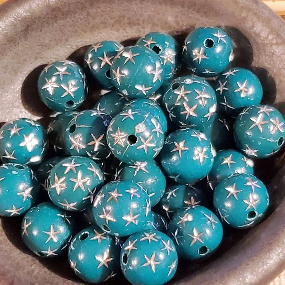 Vintage Retro Teal Green Silver Stars 12mm Round Acrylic Shabby Beads 10 pcs